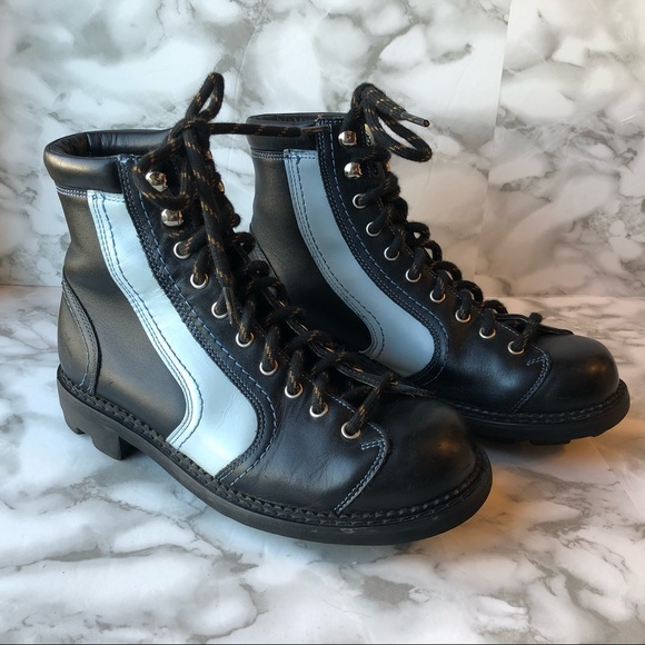 John Fluevog Shoes - John Fluevog Black Chunky Platform Lace Up Combat Boots with Blue Angle Stripe